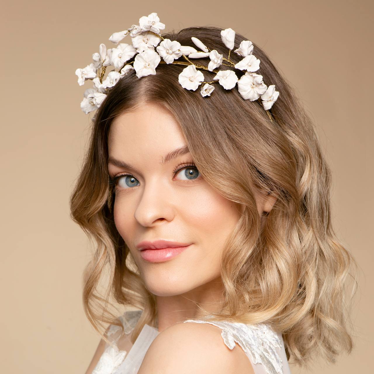 Wedding Headband with Hand Painted Porcelain Flowers